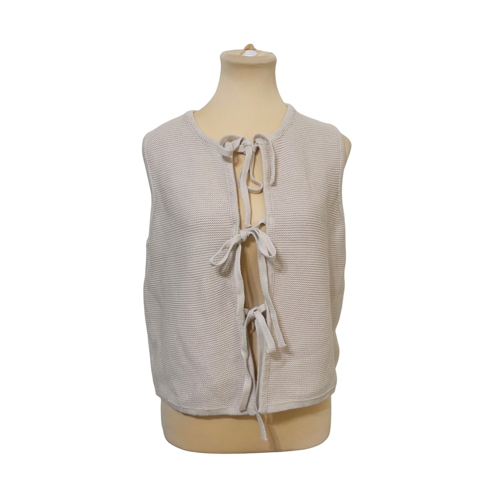 Zenana Women Sweater Vest S Cream Cotton Tie Front Knit Gorpcore Preppy Coastal